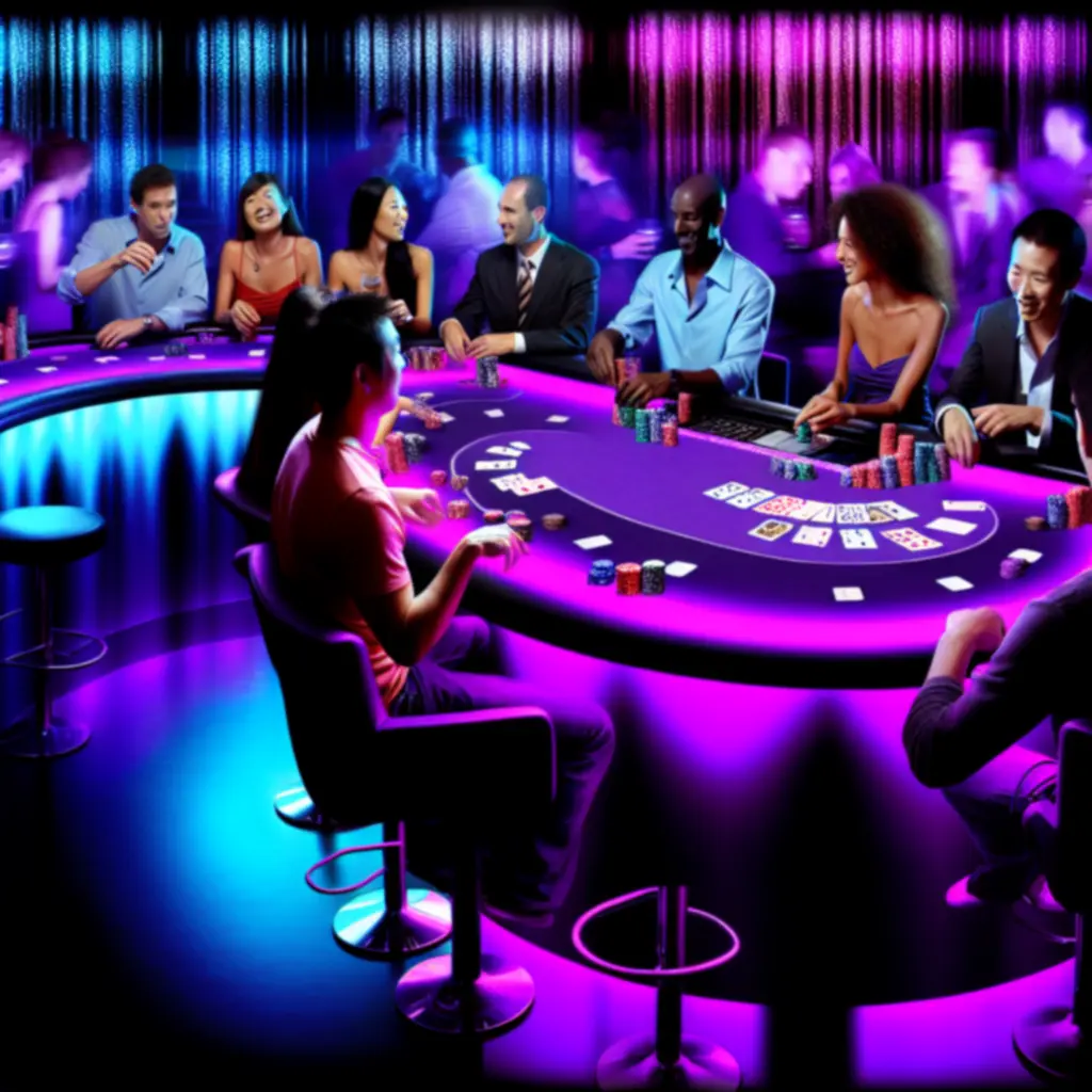 Sfeervolle pokeravond bij BlackTableAMS met neonverlichting en spelers aan tafel.