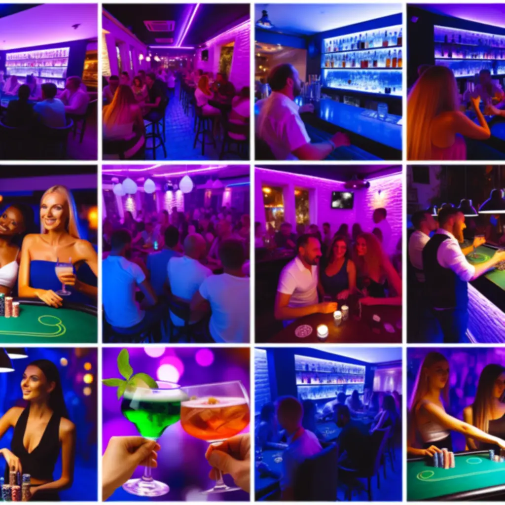 Overzicht van een nachtelijke bar met cocktails in poker-sfeer