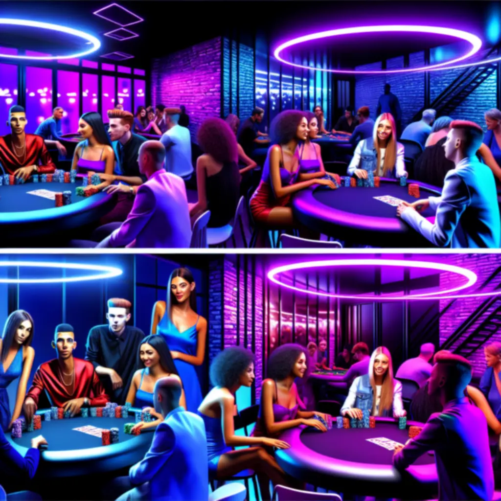 Gezellige pokeravond bij BlackTableAMS met neonverlichting en spelende gasten.