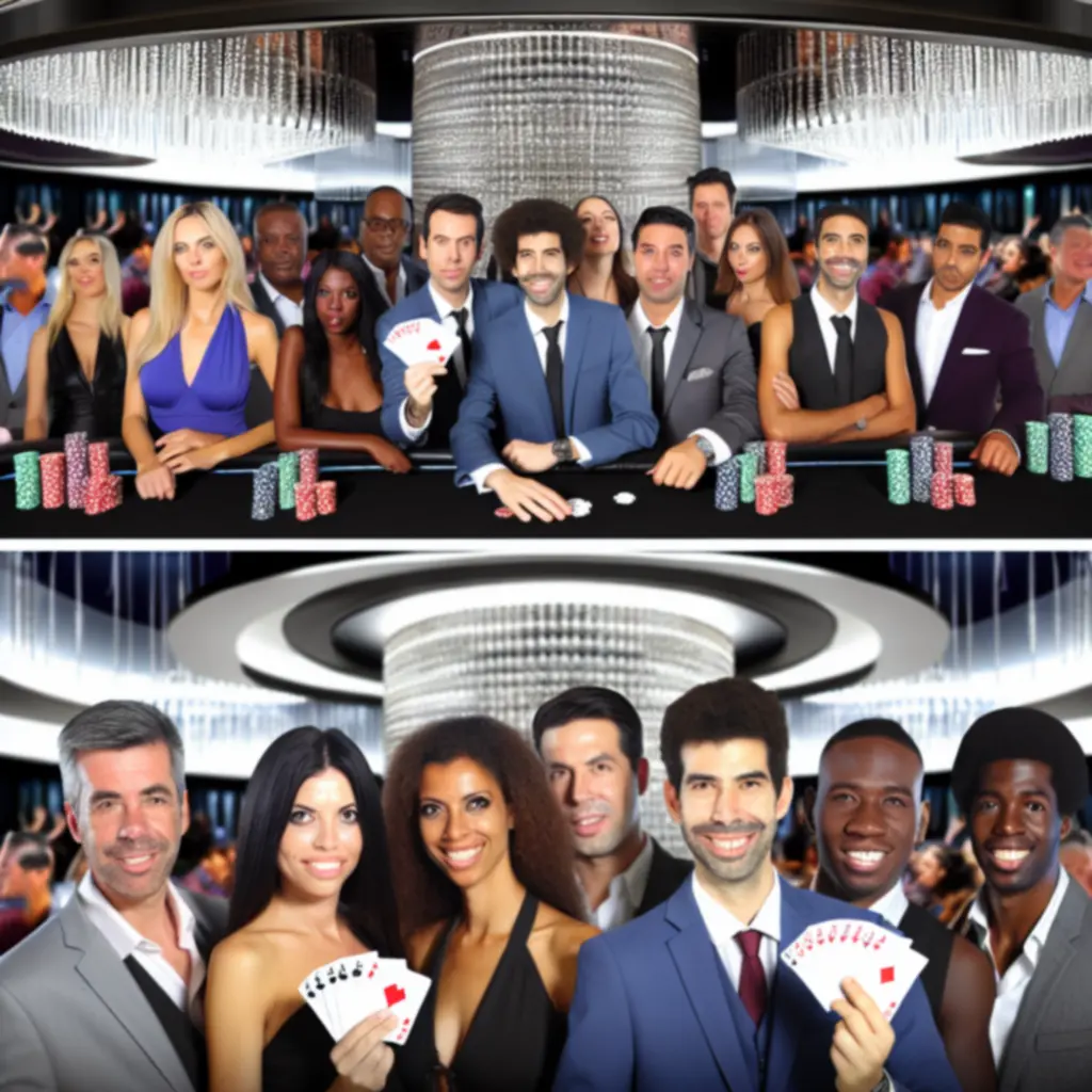 Een groep enthousiaste winnaars poseert samen bij de pokertafel met stapels chips en speelkaarten in beeld.