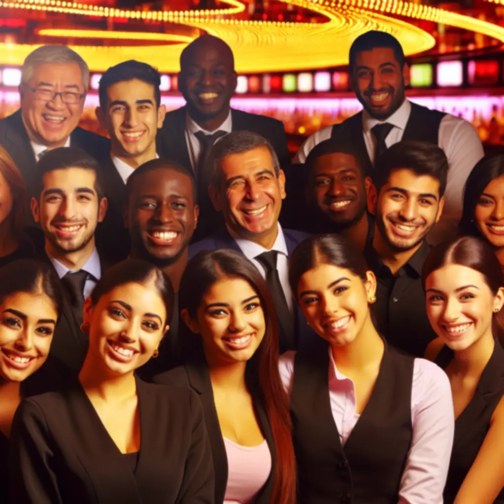 Gastvrij team van het bar-restaurant lachend achter de bar en bij de pokertafels